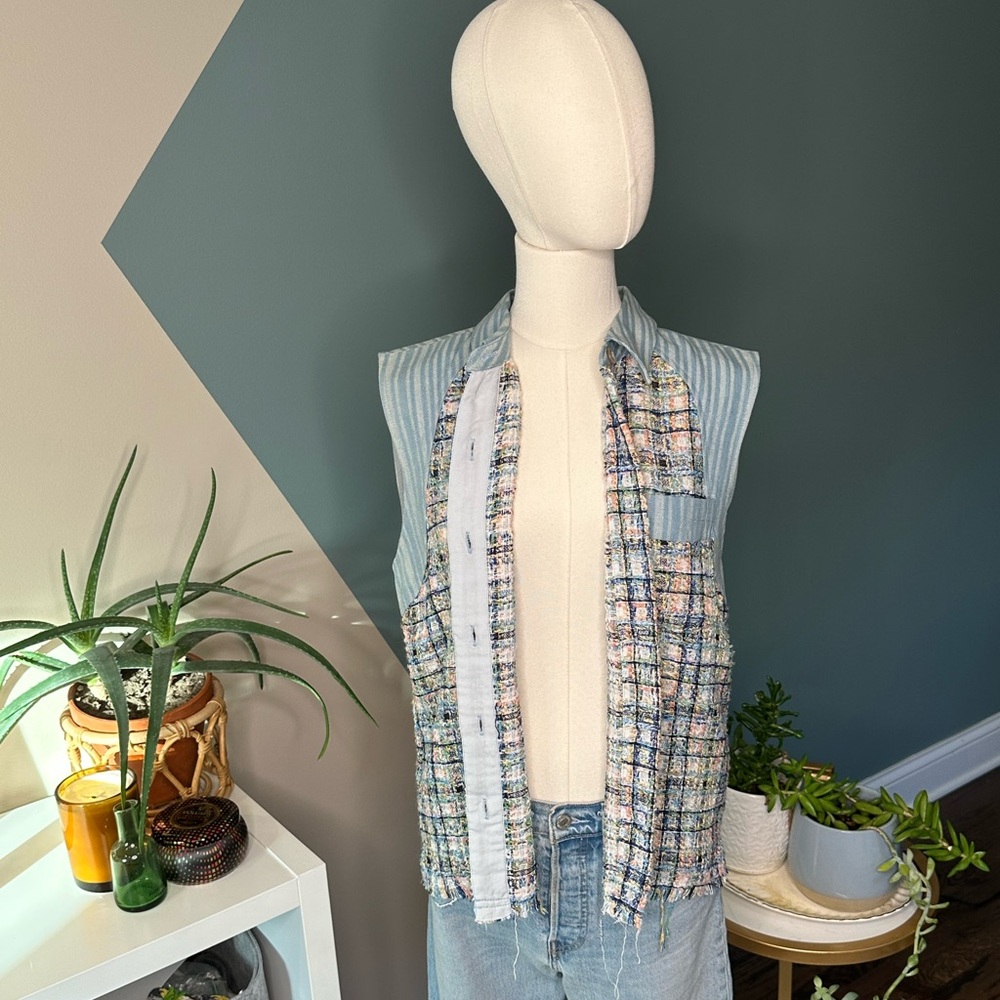 Mystree Tweed Sleeveless Vest NWT Boho Chic Cottagecore Raw Hem Button-Up Top S - Picture 4 of 14